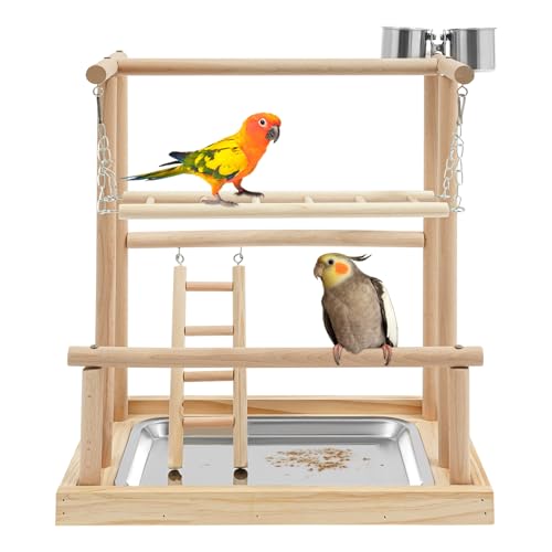 HarBin-Star - Papagei Vogelspielplatz, Holz Papageienständer mit Fressnäpfe & Tablett, Parrot Playstand, Wellensittich Spielzeug für Kleine bis Mittelgroße Vögel, 40 x 26 x 45.5cm von HarBin-Star