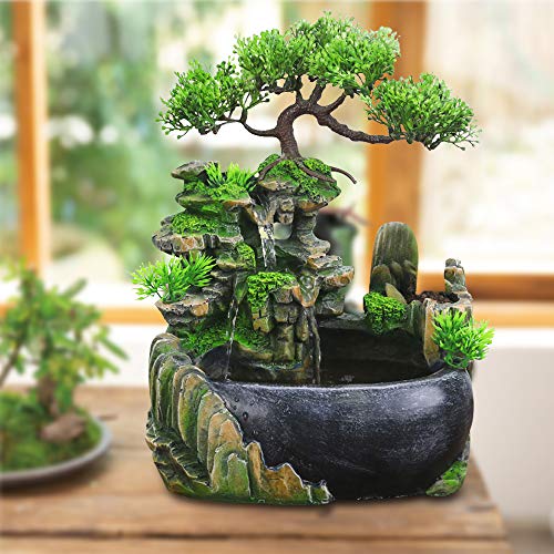 HarBin-Star Zimmerbrunnen, Tischbrunnen Wasserfall, 220V Mini Tischbrunnen Zimmerbrunnen, GartenAquariumHarz Desktop-Brunnen, Grüne Pflanze Brunnen 28 x15 x 20 cm von HarBin-Star