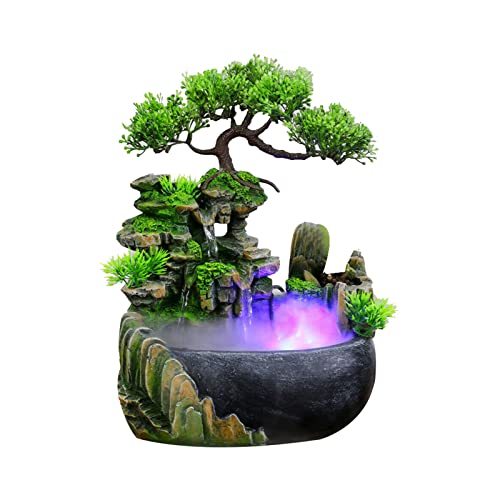 HarBin-Star Zimmerbrunnen mit LED Beleuchtung, Tischbrunnen Wasserfall mit Nebel, GartenAquariumHarz Desktop-Brunnen, Grüne Pflanze Brunnen, Zimmerbrunnen 28 x15 x 20 cm von HarBin-Star