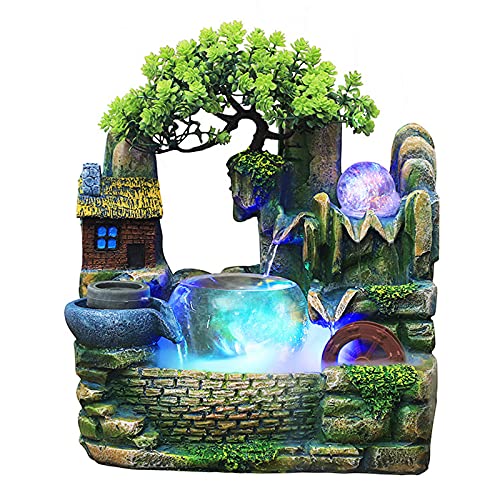 HarBin-Star Zimmerbrunnen mit LED Beleuchtung, Tischbrunnen Wasserfall mit Nebel, GartenAquariumHarz Desktop-Brunnen, Grüne Pflanze Brunnen, Zimmerbrunnen 30 x20 x 36 cm von HarBin-Star