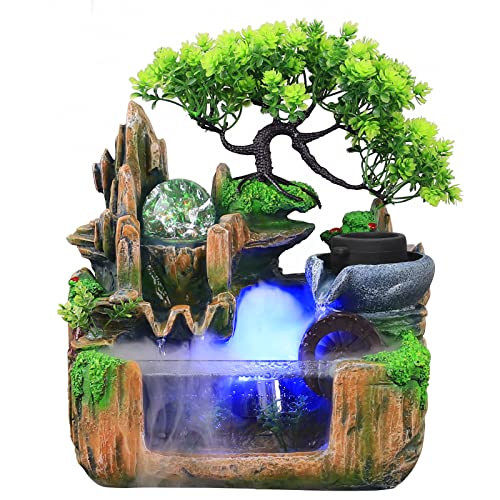 HarBin-Star Zimmerbrunnen mit LED Beleuchtung, Tischbrunnen Wasserfall mit Nebel und Kristallkugel, Grüne Pflanze Brunnen, GartenAquariumHarz Desktop-Brunnen, Zimmerbrunnen 34 x24 x 34 cm von HarBin-Star