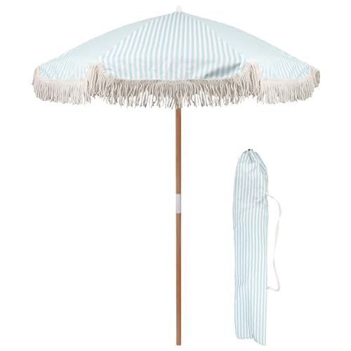 Harbour Housewares 1.4M Gartensonnenschirm aus Holz mit Quastenfransen - Pastellblaue Streifen - 1x UPF30+ Wasserdicht Tragbar Freistehend Draußen Terrasse Sonne Regenschirm mit Tragetasche von Harbour Housewares