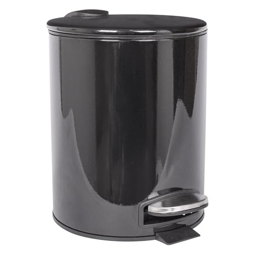 Harbour Housewares 1x Schwarz 5L Runden Treteimer aus Edelstahl - Klein Schlank Badezimmer Toilette Schlafzimmer Küche Schwingdeckel Müll Mülltonne von Harbour Housewares