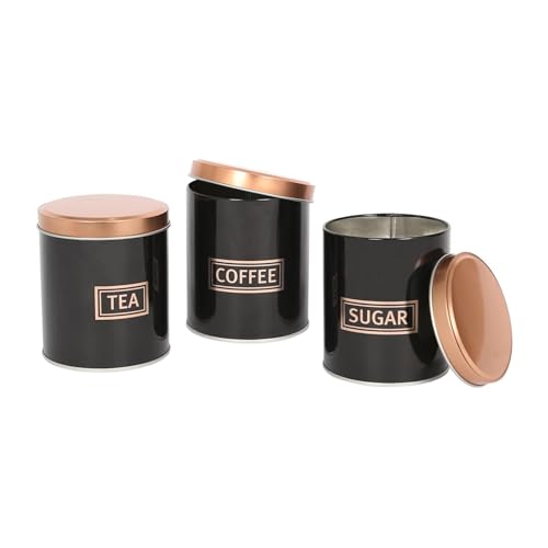 Harbour Housewares 3pc Runden Metall Tee Kaffee Zucker Kanister-Set - Schwarz/Kupfer - Küche Vorratsdose Caddie Container Kanister Gläser mit Deckel von Harbour Housewares
