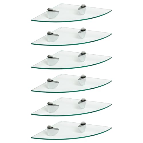 Harbour Housewares 6X Klar 30cm Schwebende Eckregale aus Glas - Badezimmer Dusche Küche Regale Lagerung Anzeigeeinheit mit Silberne Klammern von Harbour Housewares