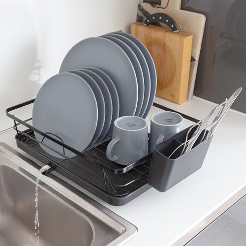 Harbour Housewares Abtropfgestell aus Metall mit Tropfschale - Schwarz - 1x Küche Waschbecken Trocknen Entleerung Abwaschen Platte Gerichte Aufbewahrungsbrett mit Besteckhalter von Harbour Housewares