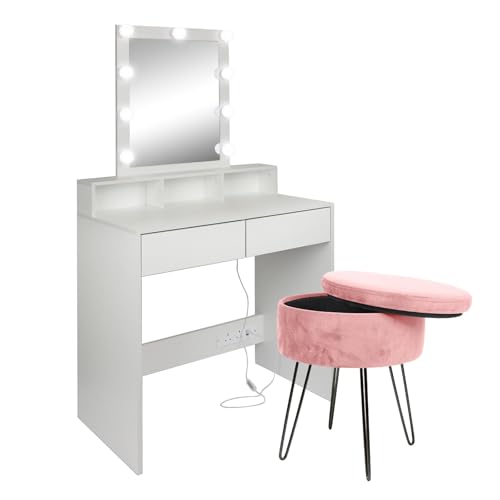Harbour Housewares Frisiertisch-Set aus Holz mit LED-Leuchten & Rosa Hocker - Weiß - 2pc Schlafzimmer Eitelkeit Bilden Spiegel Schreibtisch Set mit Aufbewahrungsschubladen | 80 x 40 x 145cm von Harbour Housewares