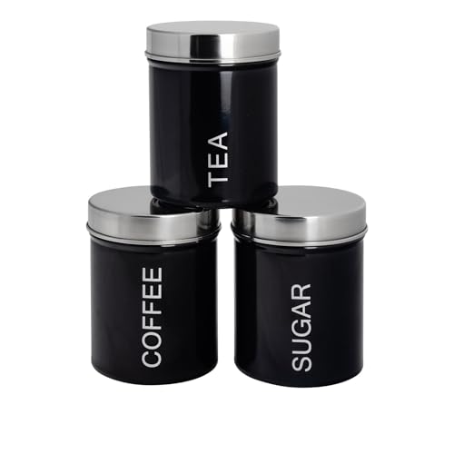 Harbour Housewares Runde Metalldosen für Tee und Zucker - Schwarz - 3-teiliges Set - Retro-Küchenaufbewahrung für losen Tee, Bohnen, Kristallzucker, luftdichter Behälter zur Lebensmittelkonservierung von Harbour Housewares