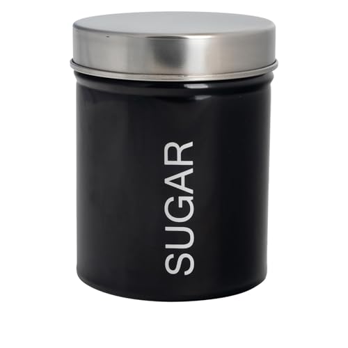 Harbour Housewares Runder Vorratsbehälter für Zucker aus Metall - Schwarz - 1 Stück - Retro-Küchenaufbewahrung, Süßstoff, Granulat, Zuckerdose, Konservendose, Behälter, Gläser, luftdichter Deckel von Harbour Housewares
