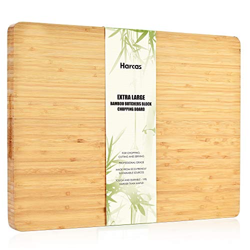 Extra großes Butchers Block Bambus Schneidebrett von Harcas. Premium Bio-Schneidebrett 45 x 34 x 3 Zentimeter (cm). Professionelles Bambusholz mit Tropfnut. von Harcas