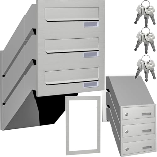 3er Dreifach Mauerdurchwurf Briefkasten für Mehrfamilienhaus oder Büro - Briefkastenanlage zum Einmauern für 3 Familienhaus 3fach mit Namensschild Einbaubriefkasten aus Edelstahl V2A von HardwareStore