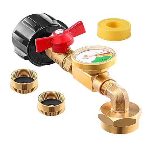 Harewtwy QCC1 Propan-Nachfüllwinkeladapter Messing-Propantankadapter mit Propantankanzeige, 90-Grad-Nachfülldruckadapter mit EIN-Aus-Steuerventil von Harewtwy