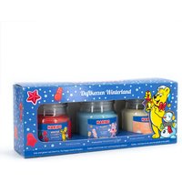 Haribo™ Duftkerzen Geschenkset, 3er Set Kerzen im Glas, je 85 g, Paraffinwachs, Geschenkidee, blau/rot/beige von Haribo
