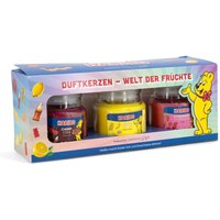 Haribo™ Duftkerzen Geschenkset, 3er Set Kerzen im Glas, je 85 g, Paraffinwachs, Geschenkidee, orange/lila/gelb von Haribo