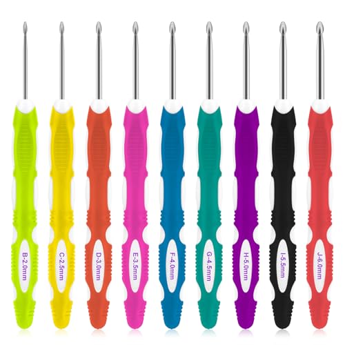 9 Stück Häkelnadeln Set, Ergonomische Häkelnadel, 2,0mm-6,0mm Häkelset, Soft Gummi Häckelnadel Crochet Set, Stricknadeln mit Ergonomische Griff Für Anfänger Und Erfahrene Häkelliebhaber von Hariendny