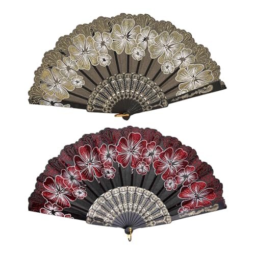 Harilla 2 Stücke Klapper Handlüfter Vintage Braut Handlüfter für Tanzpartykostüm, Rot Und Gold von Harilla