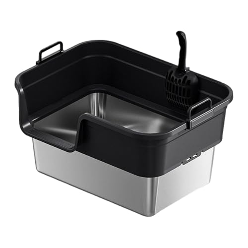 Harilla Große Katzentoilette, erhöht, spritzwassergeschützt, auslaufsicher, mit Schaufel, Edelstahl, robuste Katzentoilette, Heimtierbedarf, Schwarz von Harilla