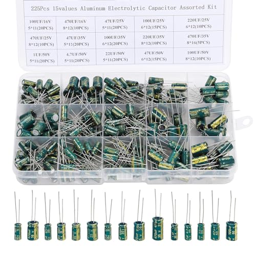 Harissess 225 Stücke 15 Wert Elektrolytkondensator Sortimentsbox Kit 16V-50V 1uF-470uF Hochfrequenz Aluminium Elektrolytkondensatoren, geeignet für industrielle elektrische und Arduino Anwendungen von Harissess