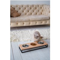 Dreifach Katzennapf Futterstation Schwarzer Metallständer Mit Holzplatte von HarleyandCho