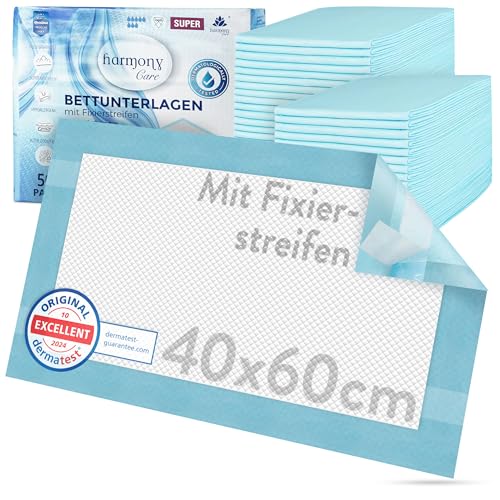 Harmony Care® 50 x rutschfeste Inkontinenz Bettunterlage, saugstarke Wickelunterlage, 6-lagig - 40 x 60 cm saugstarke Krankenunterlagen - Welpenunterlage einweg von Harmony Care