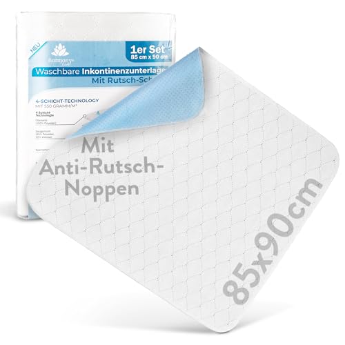 Harmony Care® Inkontinenzunterlage waschbar 85x90 cm [mit Anti-Rutsch-Noppen] - 1x rutschfeste Inkontinenzauflage - atmungsaktive Inkontinenz Bettunterlage von Harmony Care