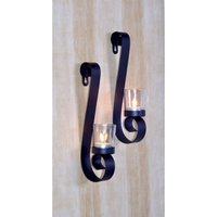 Kerzenhalter Wand 2er Set Rustikal Schwarz H: 28cm Stahl Glas von Harms Import