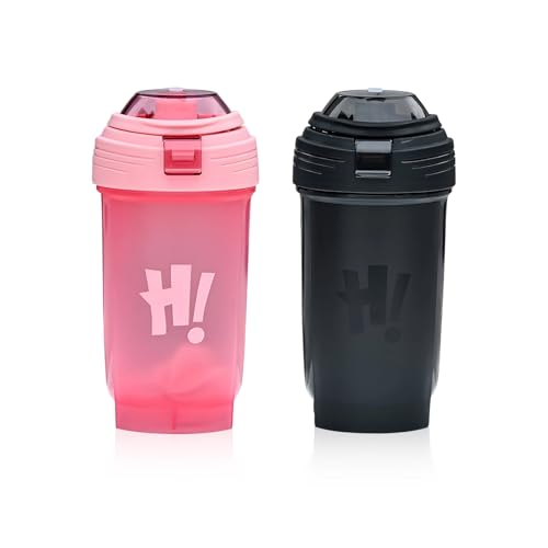 HarnyLoom Eiweiß Shaker Flasche, 2 pack Shaker Becher Proteinshake Auslaufsicherer Langlebiger Workout Wasserbecher für Fitness Sport Getränkeflaschen 500 ml (Schwarz+Rosa) von HarnyLoom
