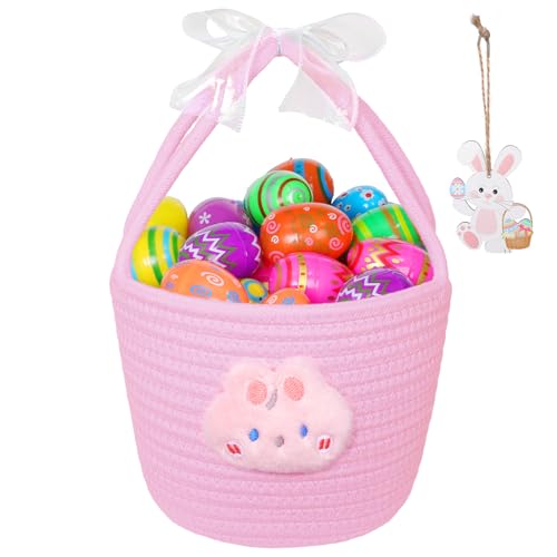 Osterkörbchen Kinder mit Henkel, Osterhasen Osterkorb Osternester zum Befüllen Osterkorb Hase Ostern Ostergeschenk für Ostereiersuche-Korb Frühlingspicknick Partygeschenke (Rosa Korb + rosa Hase) von HarnyLoom