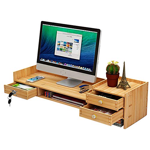 HaroldDol Holz Monitorständer, PC Monitorerhöhung Schreibtischaufsatz, Schreibtisch Monitor Organizer mit drei Schubladen für Schreibtisch & Büro von HaroldDol