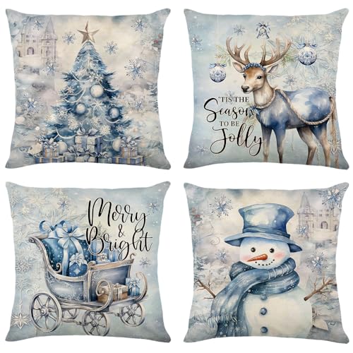 Harraca Weihnachts-Kissenbezüge, 50,8 x 50,8 cm, 4 Stück, Motiv: Rentier, Schlitten, Schneemann, blau und weiß, für Weihnachten, Winterurlaub, dekorativer Kissenbezug, Bauernhaus, Heimdekoration für Harraca Weihnachts-Kissenbezüge, 50,8 x 50,8 cm, 4 Stück, Motiv: Rentier, Schlitten, Schneemann, blau und weiß, für Weihnachten, Winterurlaub, dekorativer Kissenbezug, Bauernhaus, Heimdekoration für von Harraca