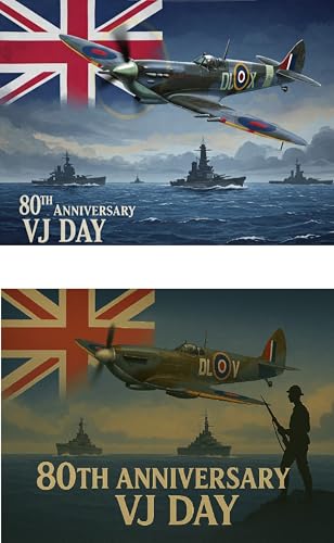 2 x 2025 VJ Day 80th Anniversary Flaggen Banner Dekorationen Erinnerungsstücke 80 Jahre Sieg Japan, patriotische Spitfire Dekorationen für Sieg, Tag der Streitkräfte, RAF WW2 1945 Union Jack von Harrington Marley