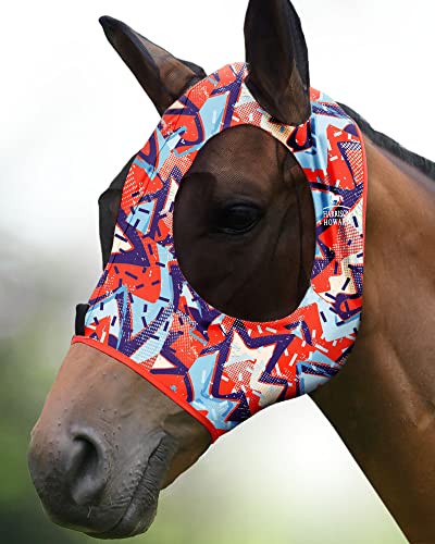 Harrison Howard Super Comfort Stretchy Fly Mask Large Eye Space with UV Protection Soft on Skin with Breathability Orange Geo-Print (L) von Harrison Howard