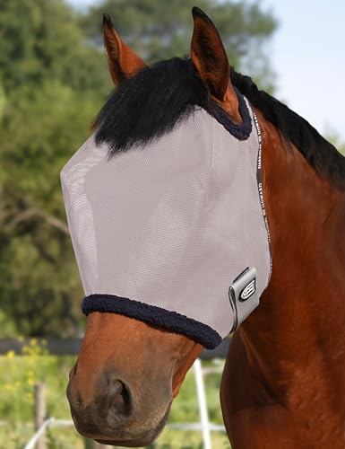 Harrison Howard Fliegenschutzmaske für Pferde, Netzstoff, UV-Schutz, mit Fleece-gepolstertem Rand, Originalgrau, Größe M von Harrison Howard