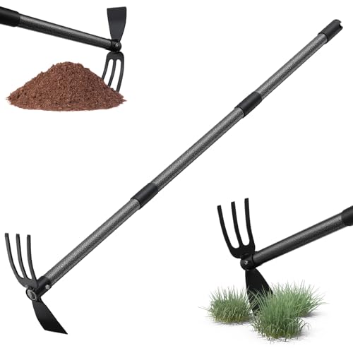 Harrms Gartenhacke mit Stiel 116cm, Multifunktionale Doppelhacke mit 3 Zinken Metall, Unkrautharke Pflanzhacke Gartengeräte Gartenzubehör zum lockern, lüften und jäten des Bodens von Harrms