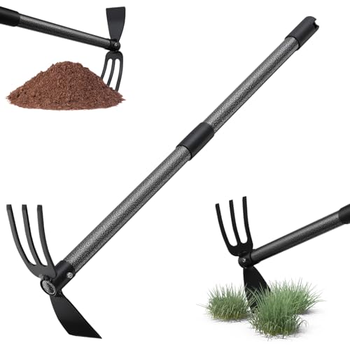 Harrms Gartenhacke mit Stiel 76cm, Multifunktionale Doppelhacke mit 3 Zinken Metall, Unkrautharke Pflanzhacke Gartengeräte Gartenzubehör zum lockern, lüften und jäten des Bodens von Harrms