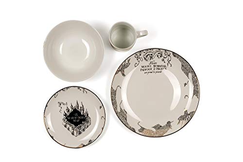 DUYUJIE er Marauder's Map Porcelain 4 Piece Place Setting - Includes 1 Dinner Plate, 1 Salad Plate, 1 Bowl and 1 Mug - Gold Marauders Map Design von Harry Potter