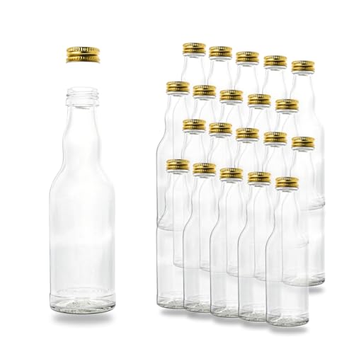 Flaschenbauer - 20 leere kleine Kropfhals Glasflaschen mit Schraubverschluss 200 ml zum selbst Befüllen als Saftflaschen, Sirupflaschen, Likörflaschen - mit 28 MCA Verschluss gold von flaschenbauer.de