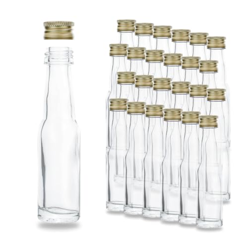 24 leere 20 ml kleine Glasflaschen mit Schraubverschluss Gold 18 mm – Kleine Flaschen zum Befüllen mit z.B. Likör, Schnaps, Essig und Öl – Mini Flaschen/Schnapsflaschen klein (24) von flaschenbauer.de