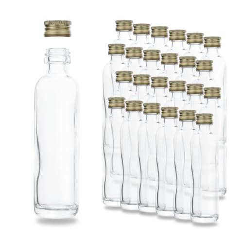 24 leere Mini Glasflaschen 40 ml (0,04l) - Hochwertige Schraubverschluss Flaschen Gold PP18, Metall - Kleine Glasflaschen zum Befüllen – ideal verwendbar als kleine Schnapsflaschen (24) von flaschenbauer.de