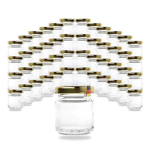 Flaschenbauer Set von 24/48/96 Mini Einmachgläser 53ml - Schraubgläser mit Gold-Twist-Off Deckel 43mm, Ideal für Marmelade, Honig, Gewürze, Konservieren & Geschenkideen - 24 Stück von flaschenbauer.de