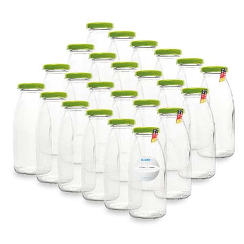 Flaschenbauer - 24 Leere Glasflaschen 250 ml in Weiß mit Schraubverschluss TO43, 0,25 l – Zum Selbstbefüllen von Milchflaschen, Saftflaschen, Smoothie-Flaschen (Hellgrün), inklusive Etiketten von flaschenbauer.de