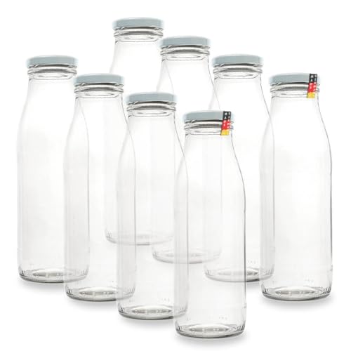 BAUER Flaschenbauer - 8 Milchflaschen 0,5 Liter mit Twist-Off-Schraubdeckeln in weiß - Weithalsflaschen mit 500 ml Volumen - geeignet als Milchflasche, Saftflasche und für Dressings oder Saucen von BAUER