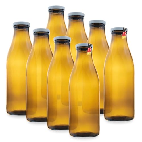 Flaschenbauer - 8 Milchflaschen 1 Liter mit Twist-Off-Schraubdeckeln in braun - Weithalsflaschen mit 1000 ml Volumen -Made in - geeignet als Saftflaschen, Smoothieflaschen und Milchflaschen von BAUER