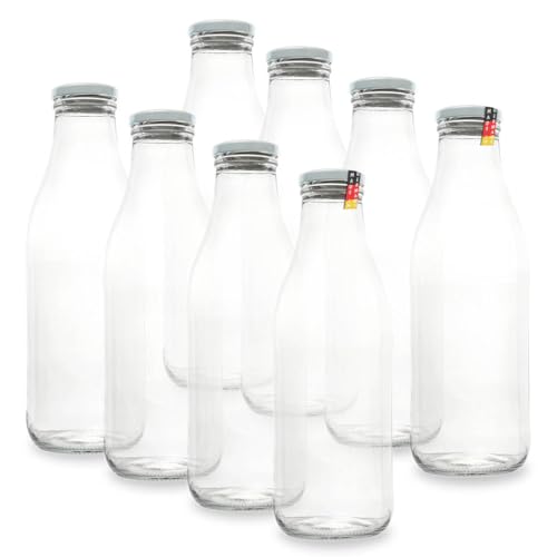 Flaschenbauer - 8 leere Glasflaschen 1l inkl. Twist-Off-Schraubdeckeln TO48 in weiß - Glasflasche 1 Liter (Weithalsflasche) geeignet als Milchflasche 1l, Saftflasche, Smoothie Flasche von flaschenbauer.de