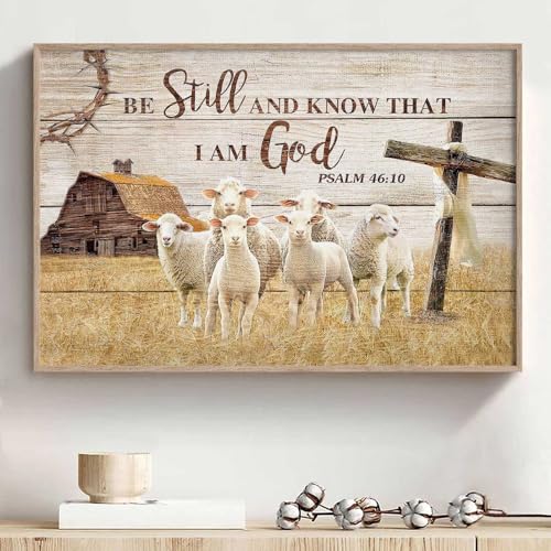 Kunstdruck auf Leinwand mit Aufschrift "Be Still and Know That I Am God", rustikales Hausgemälde, christliches Kreuz, Landhausstil, Poster, christliches Bauernhaus, Wandkunst für Wohnzimmer, 40,6 x 61 von Haruhiart