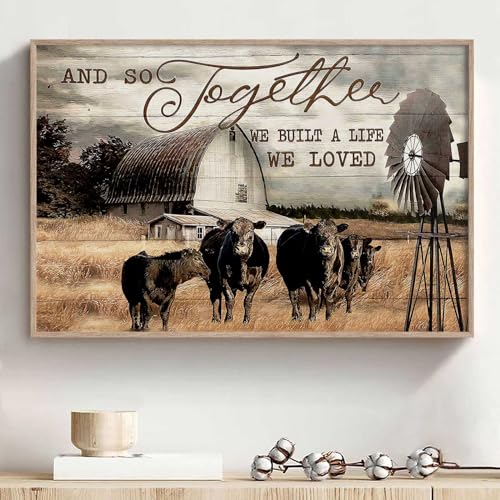 Rustikale Kuhbilder Bauernhaus Windmühle Wandkunst Rustikales Haus Malerei Bauernhaus Scheune Bilder Schwarze Kuh Malerei Landstil Poster Vintage Bauernhaus Wandkunst für Wohnzimmer 40,6 x 61 cm von Haruhiart