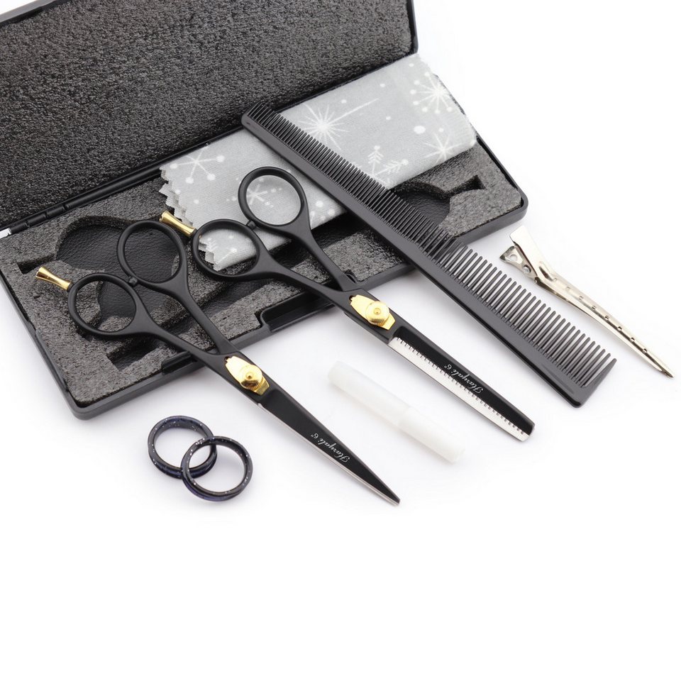 Haryali London Scheren-Set 6-Zoll-Scherenset mit Schneide- und Effilierschere in Schwarzgold, (1 paar, 2-tlg., 1x cutting scissors, 1x Effilierschere, 1x Kamm, 1x Öl, 1x Reinigungstuch), Bestens geeignet für professionelle Friseur- und Kosmetikscheren von Haryali London