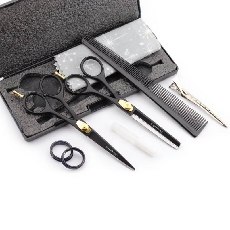 Haryali London Scheren-Set 6-Zoll-Scherenset mit Schneide- und Effilierschere in Schwarzgold, (1 paar, 2-tlg., 1x cutting scissors, 1x Effilierschere, 1x Kamm, 1x Öl, 1x Reinigungstuch), Bestens geeignet für professionelle Friseur- und Kosmetikscheren von Haryali London
