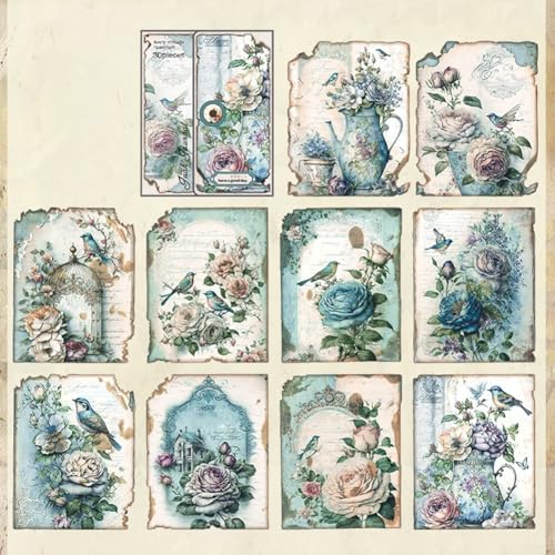 30 Stück Vintage-Papier für Bastelarbeiten, Scrapbooking, Tagebücher und kreative Projekte (3 Vogelblumen) von Hasaller