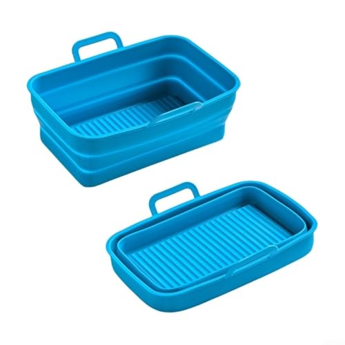 Hasaller Air Fryer Liner 2Pcs Silicone Air Fryer Basket Liner Heat Resistant Foldable Cooking Tray Basket Reusable Non-Stick Insert with Oil Drain for DZ201410 Rectangular Model (Blue) von Hasaller